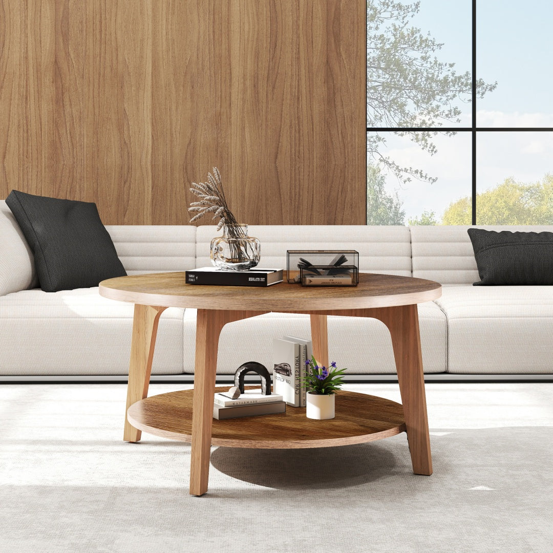 Round Coffee Table, 32 Wood Coffee Tables For Living Room With Storage, 2-Tier Center Circle Counter With Wooded Desktop