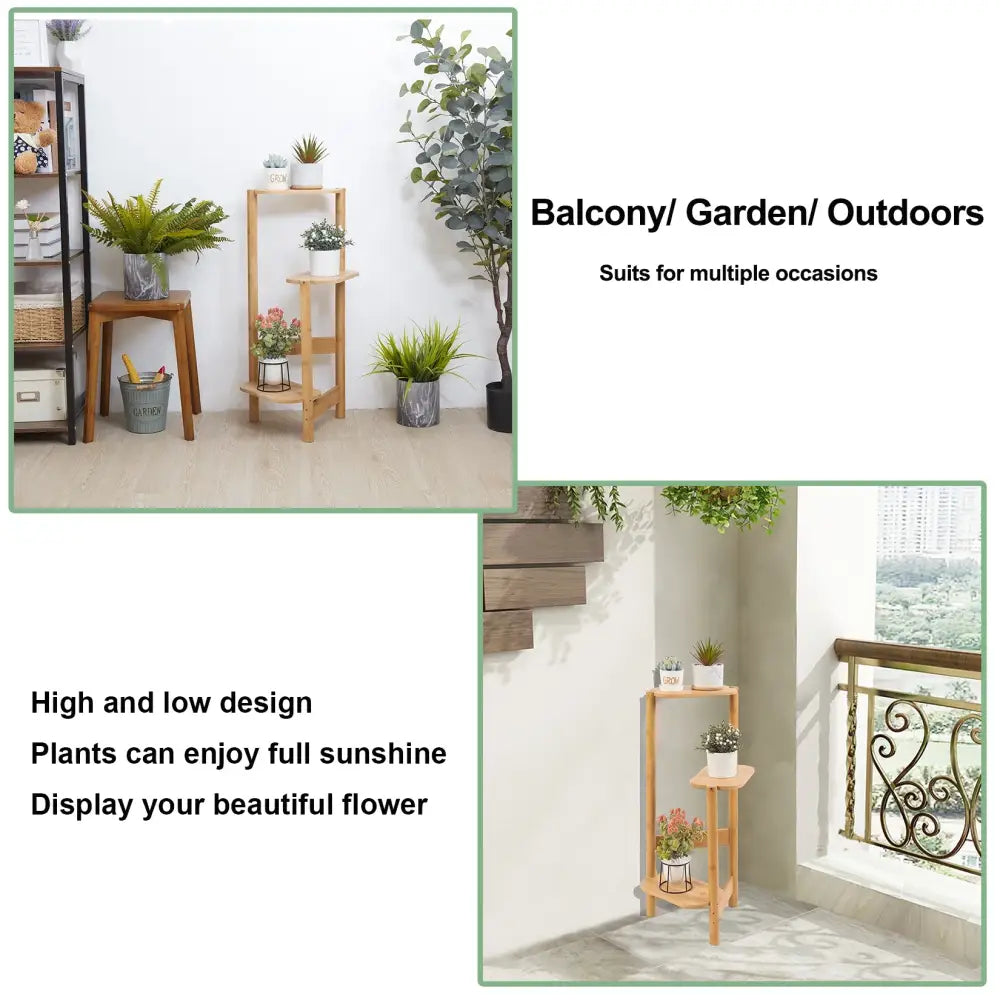 Light brown bamboo 3 tier corner plant stand with curved legs for indoor plant display by decorbites