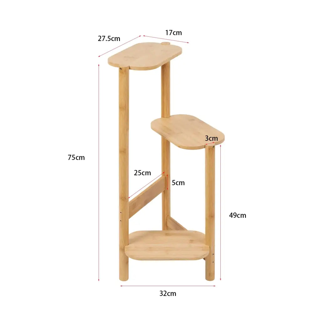 Light-colored bamboo 3 tier corner plant stand with oval shelves for decor and plant display by decorbites