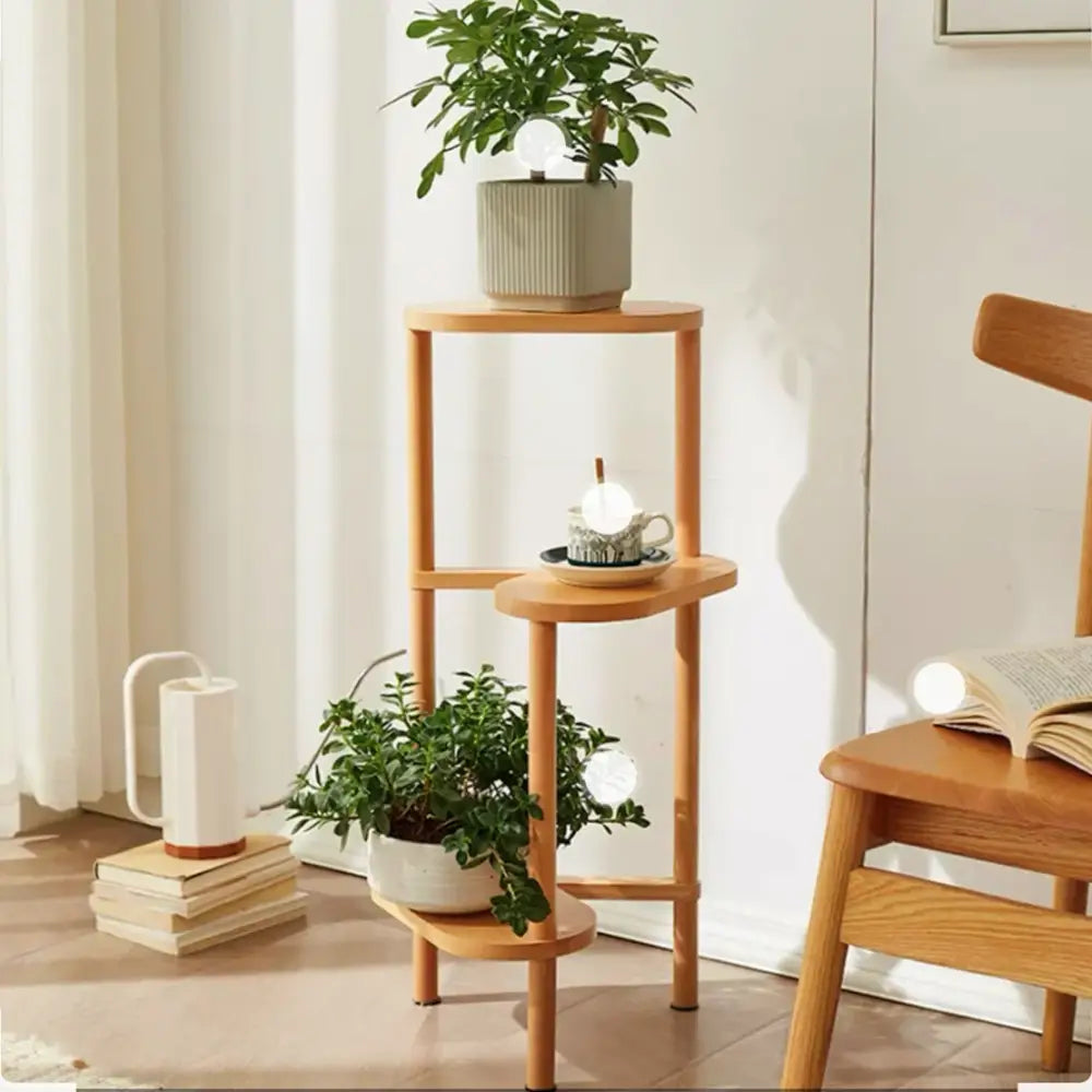 DecorBites™ bamboo light-colored wooden 3 tier corner plant stand with circular shelves and vertical supports