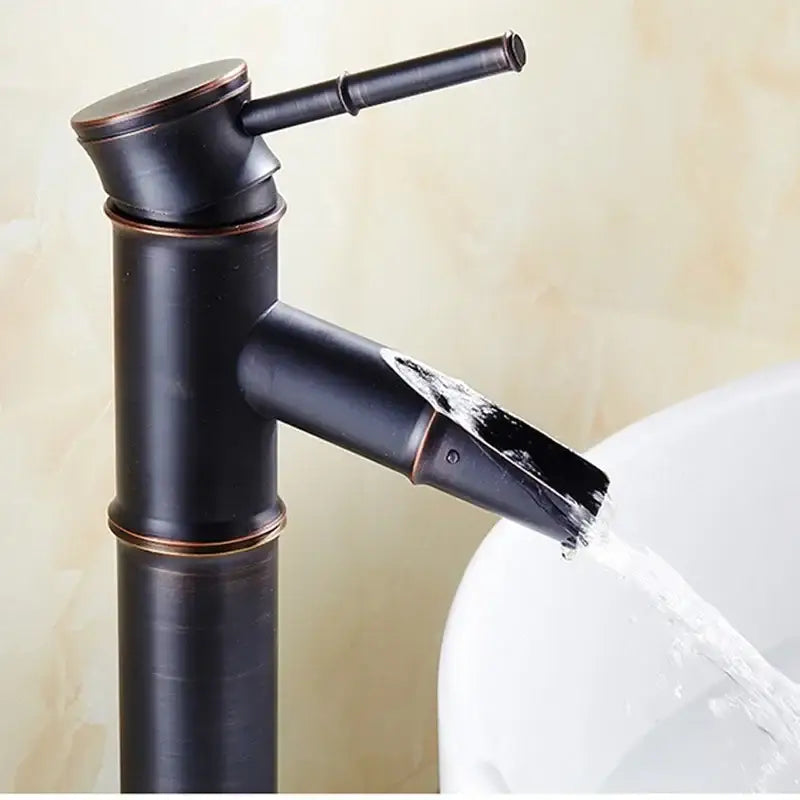 Bamboo black and copper high arch mixer bathroom faucet with matte finish bamboo design and waterfall spout