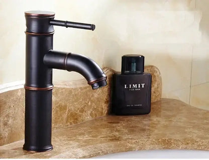Bamboo black and copper high arch mixer bathroom waterfall faucet with black matte finish and copper accents in minimalist design