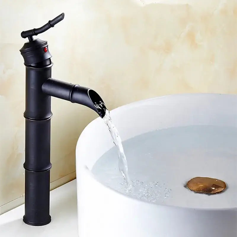 Black bamboo style high arch mixer bathroom waterfall faucet with matte finish and red accent handle