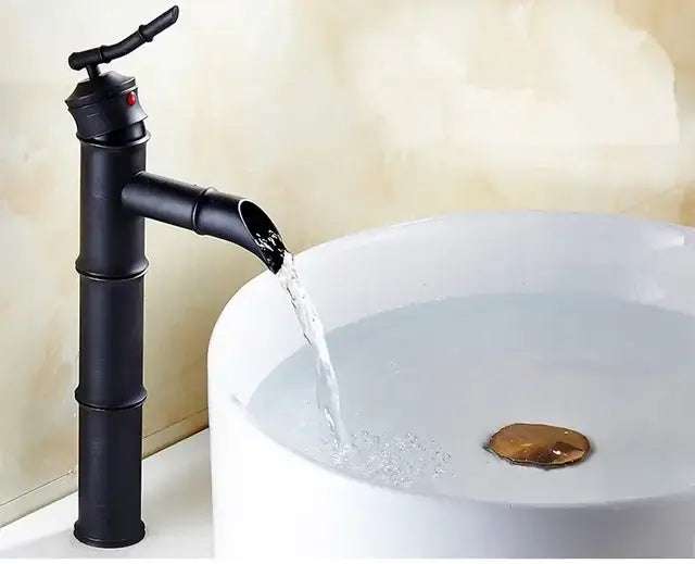 Bamboo black and copper high arch mixer faucet with matte black finish and red accent handle for bathroom waterfall use