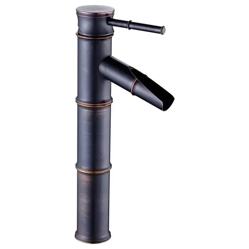 A tall slender high arch mixer faucet with dark bronze bamboo design and segmented sections for bathroom use