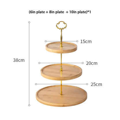 Three-tiered bamboo fruit cake stand with gold-toned metal supports and ornate handle by decorbites bamboo fruit