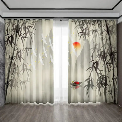Beige sheer ink painting curtains with bamboo ink painting white birds and red sun for living room decorbites bamboo ink decor