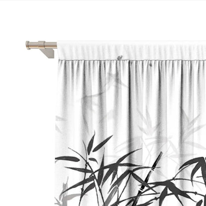 White curtain with black and gray bamboo leaf pattern hanging on metallic rod for decorbites bamboo ink curtains