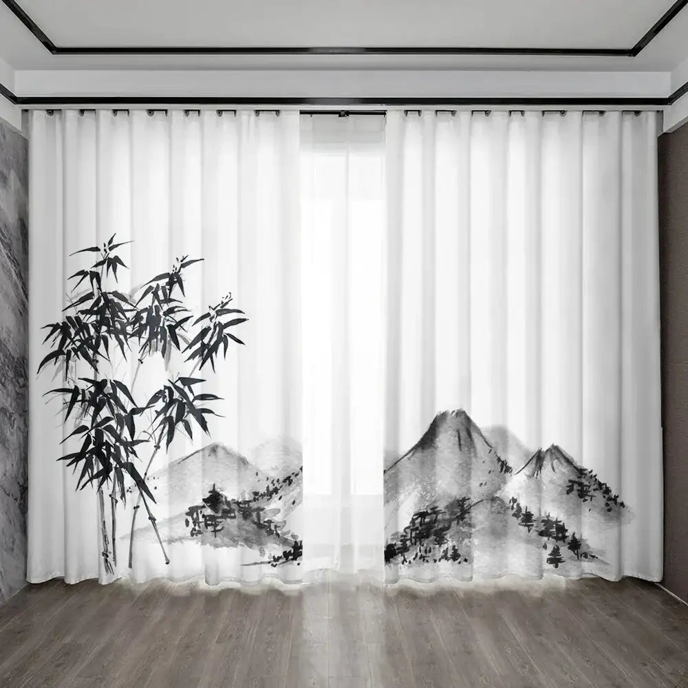 White sheer bamboo ink painting curtains with black ink wash bamboo and mountain design for living room decorbites decor