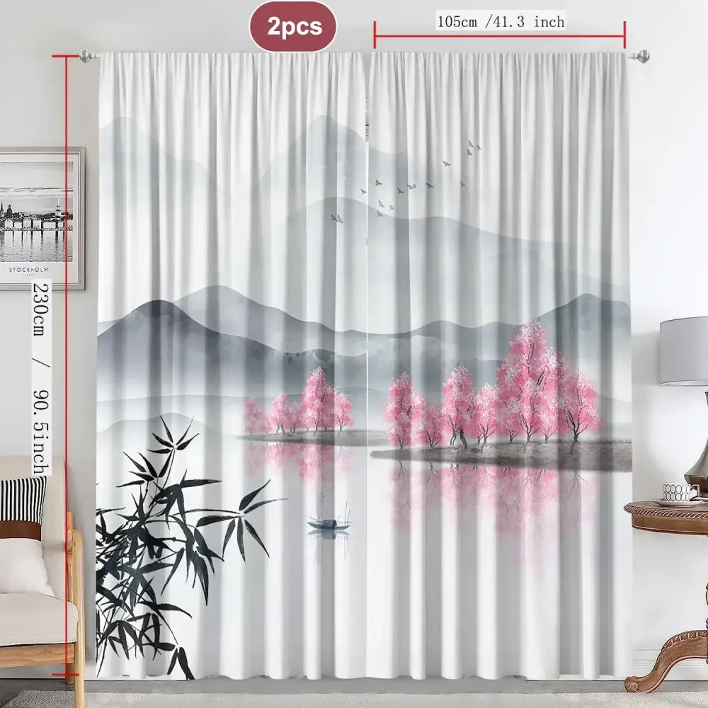 White sheer ink painting curtains with bamboo ink painting design featuring pink cherry blossoms for living room decor