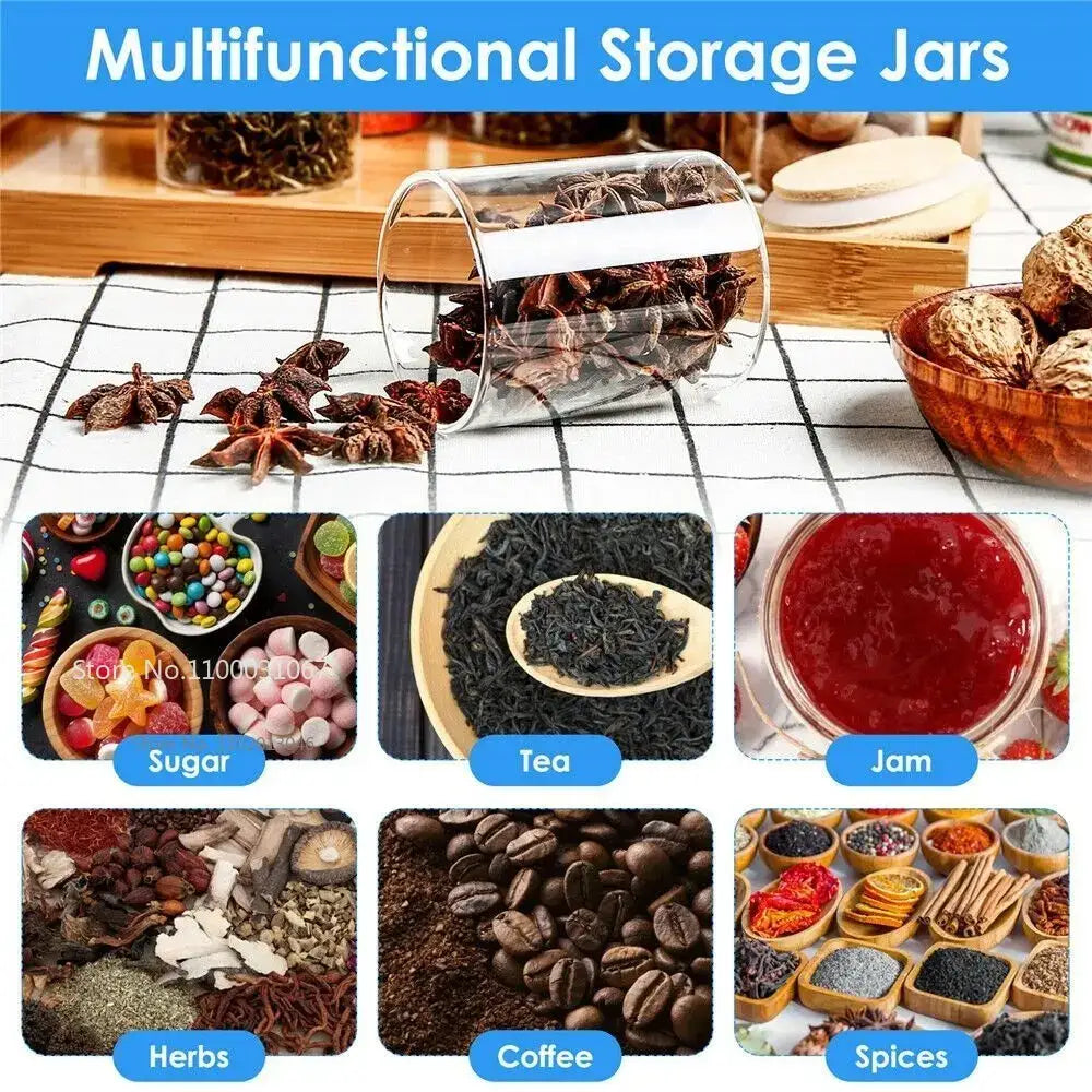Clear glass food storage jar with white lid filled with star anise for kitchen spice organization and storage