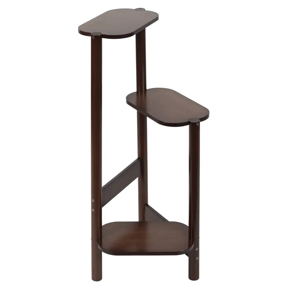 Dark brown bamboo corner plant stand with three oval-shaped tiers and vertical support legs for flower display