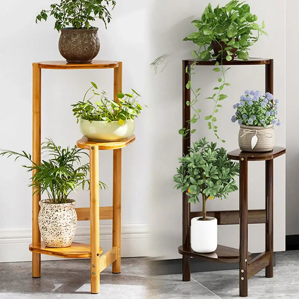 Two tiered bamboo corner plant stands in light natural and dark stained wood for decorative plant display