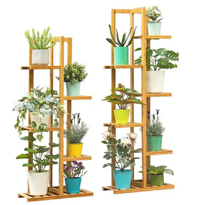 Light brown bamboo plant stand with six tiers holding colorful potted plants for indoor and outdoor display