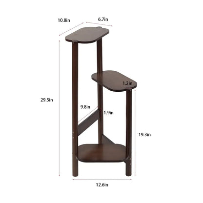 Decorbites™ bamboo tall corner dark brown wooden three-tier plant stand with oval shelves and angled legs for outdoor use