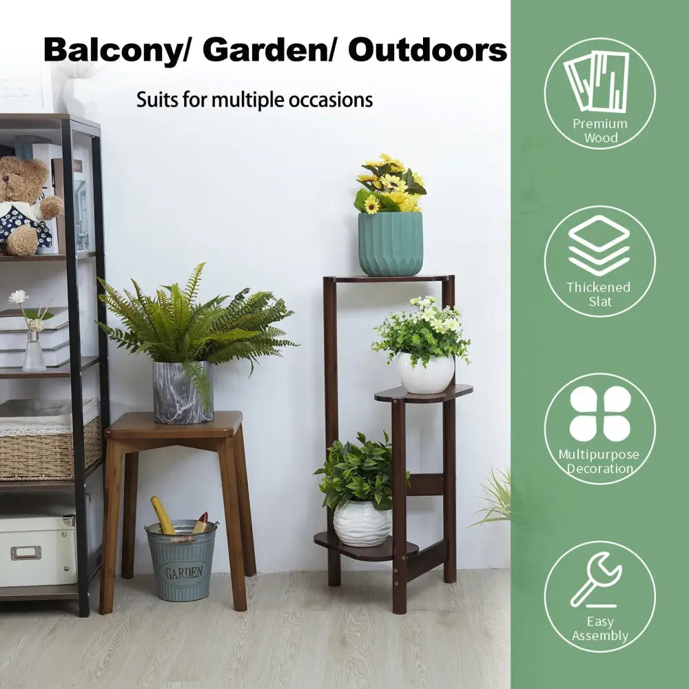 Dark brown bamboo tall corner plant stand with three tiers angled legs and rounded edges for outdoor garden use