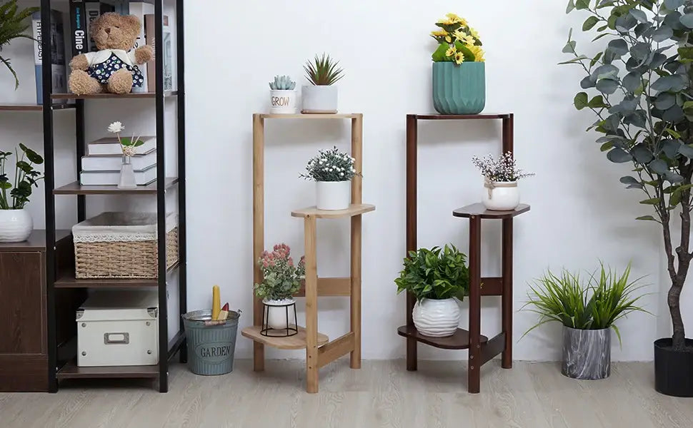 Light brown bamboo tall corner plant stand with three tiers and angled shelves for outdoor garden use by DecorBites
