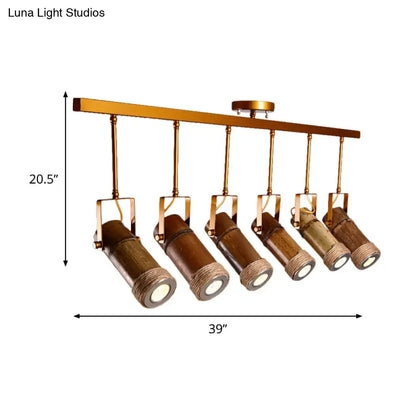 Decorbites™ bamboo tube island pendant light with five adjustable led light heads and hemp rope suspension in brown iron