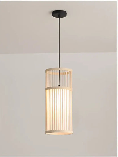 Bamboo wooden pendant lamp e27 with natural bamboo frame and vertical slats emitting warm ambient glow