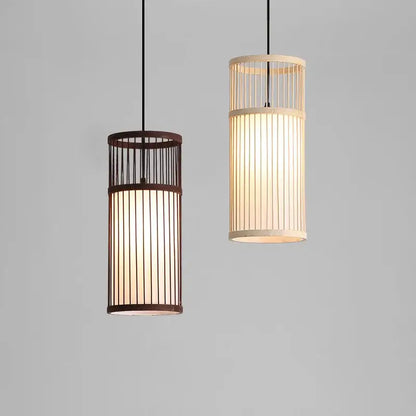 Two cylindrical bamboo wooden pendant lamps e27 with vertical slats in dark brown and light beige for kitchen bar lighting