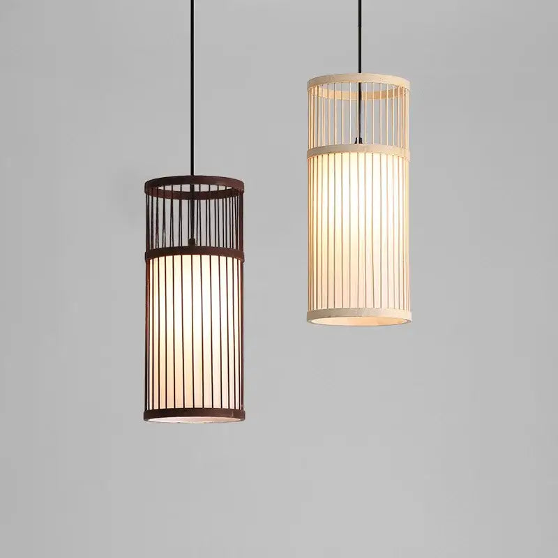 Two cylindrical bamboo wooden pendant lamps e27 with vertical slats in dark brown and light beige for kitchen bar lighting