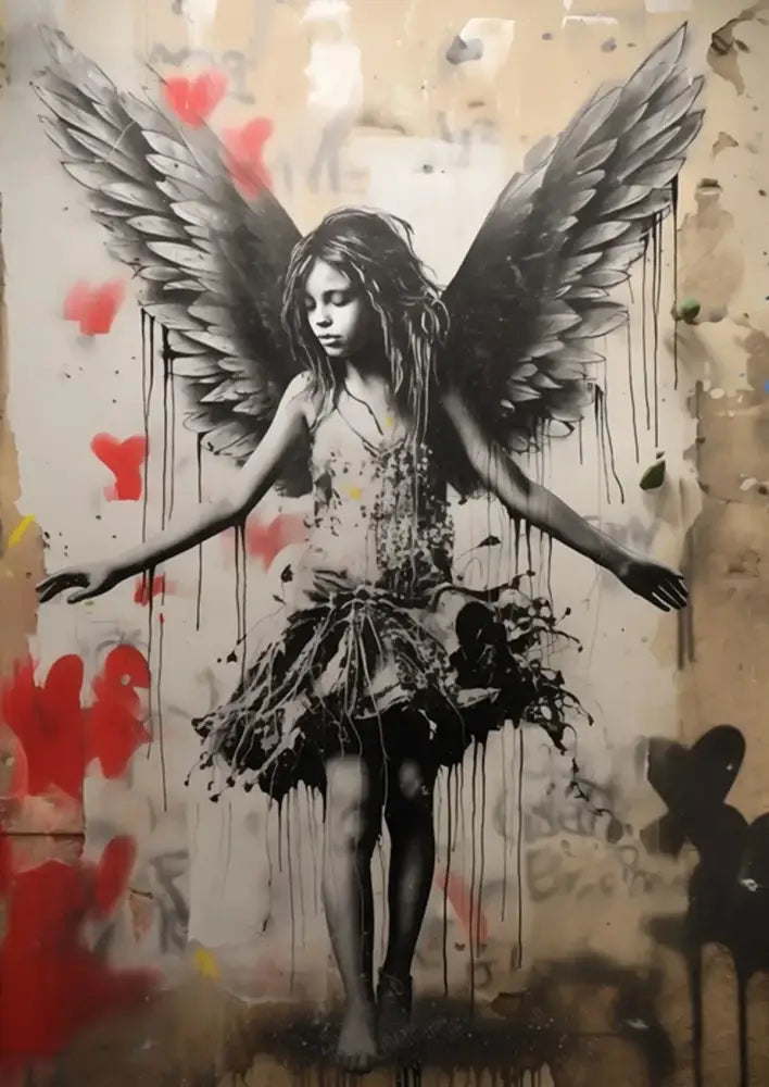 Decorbites™ banksy boy girl balloon canvas print featuring black and white mural of girl with detailed wings and red hearts