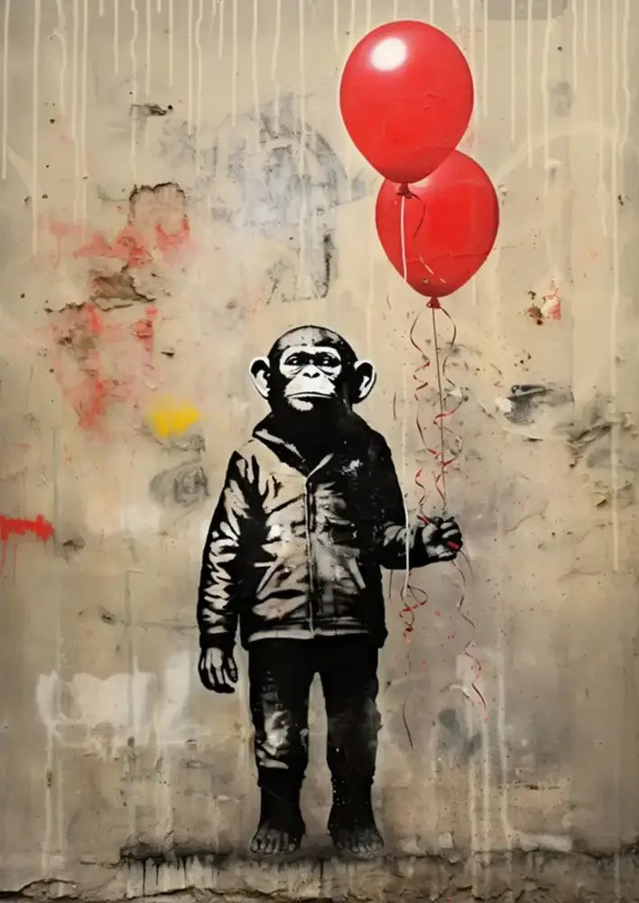 Decorbites™ banksy boy girl balloon canvas print featuring a black and white chimpanzee with red balloons on concrete wall
