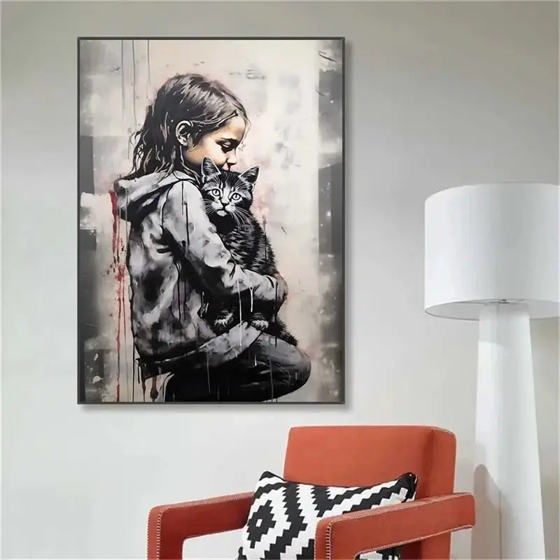 Decorbites™ banksy boy girl balloon canvas print featuring black and gray artwork of a girl holding a cat with red paint drips framed in black
