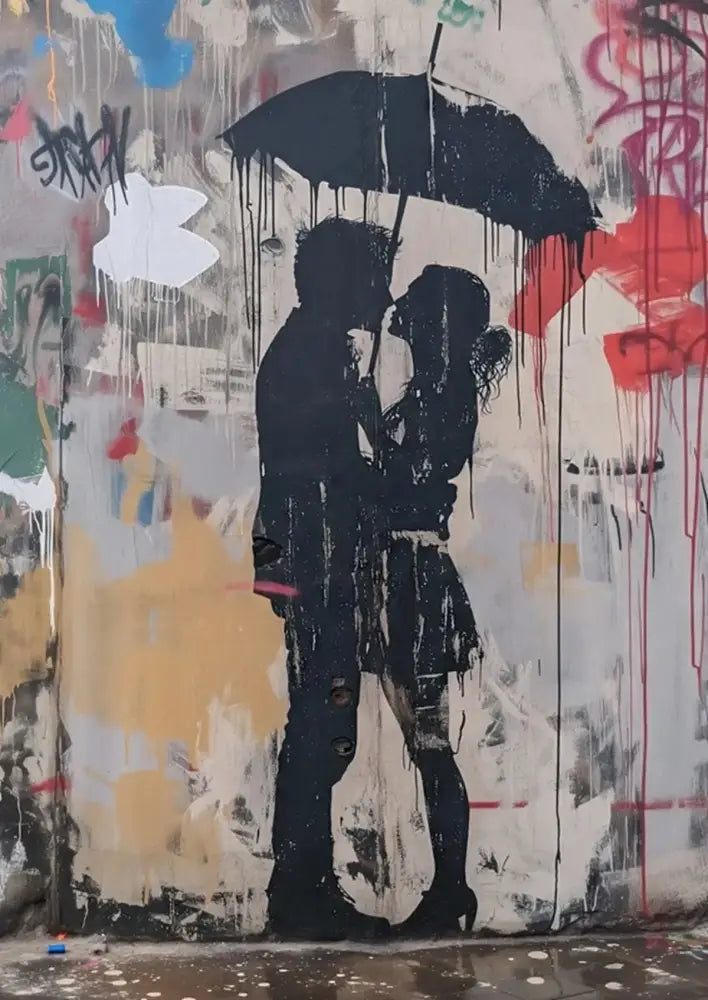Decorbites™ banksy boy girl balloon canvas print featuring black silhouette mural of couple kissing under umbrella