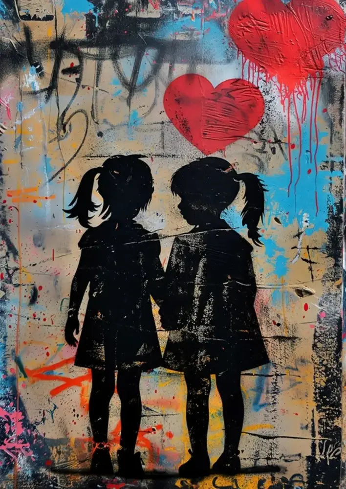 Black silhouette boy girl holding hands beneath red heart on vibrant graffiti background balloon canvas print