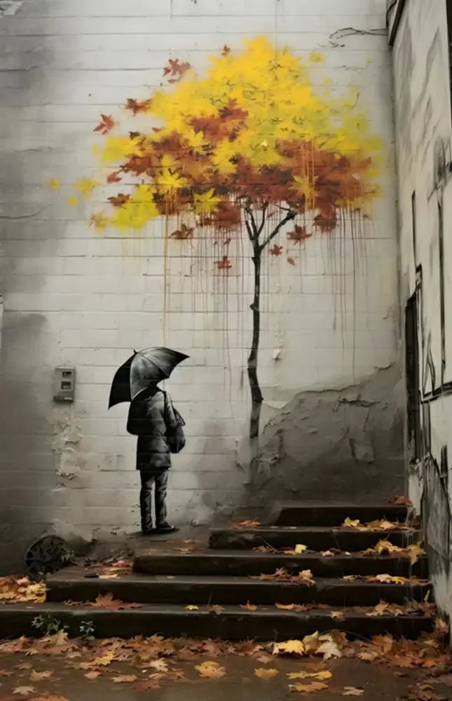 Decorbites™ banksy boy girl balloon canvas print featuring a black umbrella on stone steps with autumn tree mural