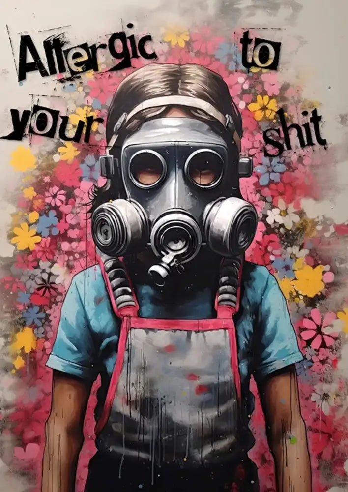 Decorbites™ banksy boy girl balloon canvas print featuring a person with metallic gas mask and dual oxygen tanks