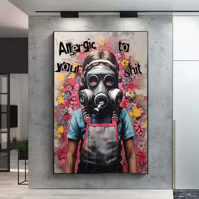 Decorbites™ banksy boy girl balloon canvas print featuring a vibrant graffiti gas mask person with colorful flowers