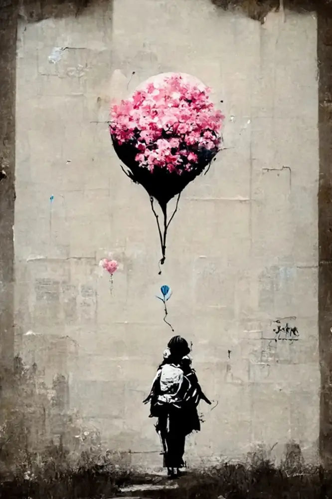 Decorbites™ banksy boy girl balloon canvas print featuring vibrant pink floral balloon above silhouetted child