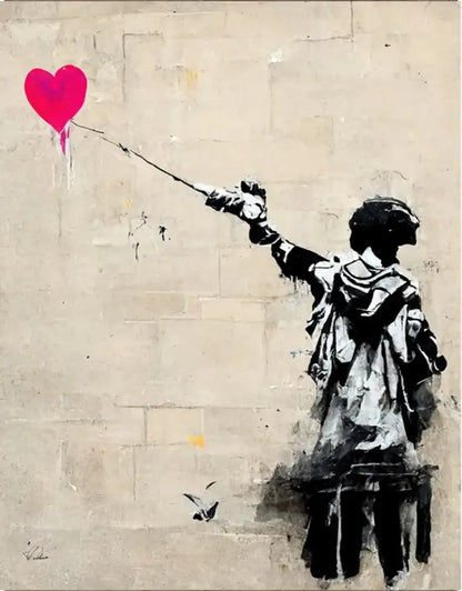 DecorBites™ Banksy boy girl balloon canvas print featuring a vibrant pink heart balloon dripping paint on beige wall