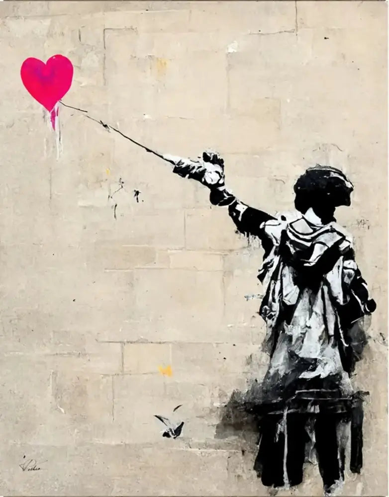 DecorBites™ Banksy boy girl balloon canvas print featuring a vibrant pink heart balloon dripping paint on beige wall