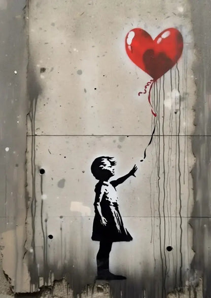 A vibrant red heart balloon canvas print with a boy girl silhouette by decorbites featuring dripping paint effect