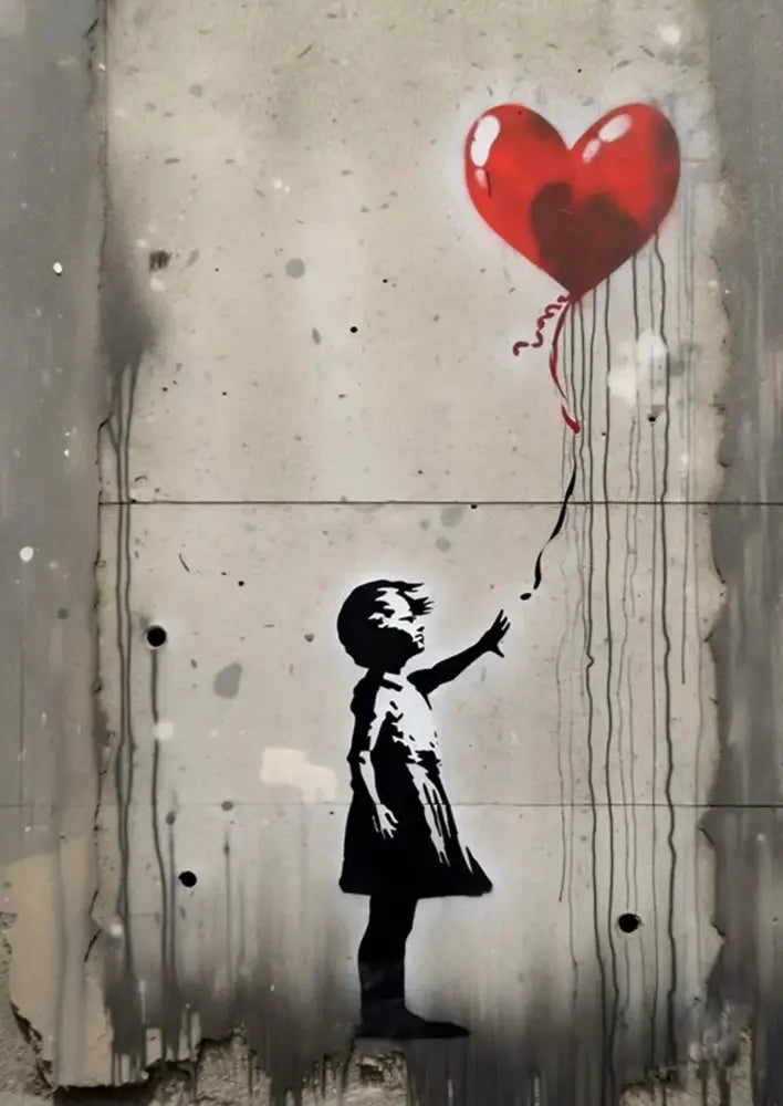 A vibrant red heart balloon canvas print with a boy girl silhouette by decorbites featuring dripping paint effect