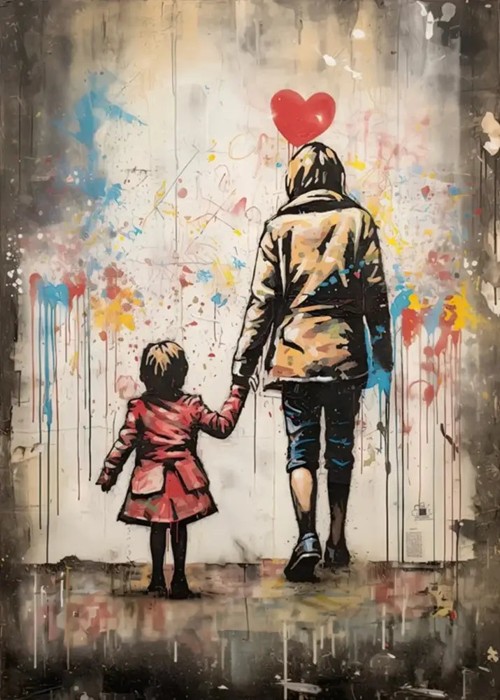 Decorbites banksy boy girl balloon canvas print featuring a vibrant mural of parent and child holding heart balloon