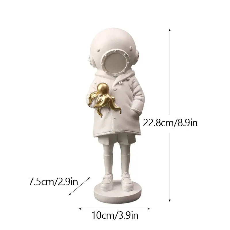 White resin banksy deep diver sculpture featuring an astronaut figurine holding a golden octopus for living room decor