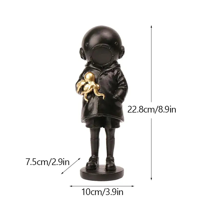 Black resin banksy deep diver sculpture featuring an astronaut holding a golden octopus for living room decor