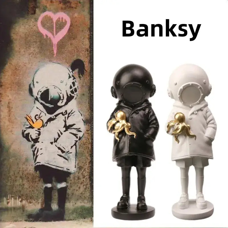 Black and white banksy deep diver sculpture resin statue featuring astronauts holding golden octopuses for decor