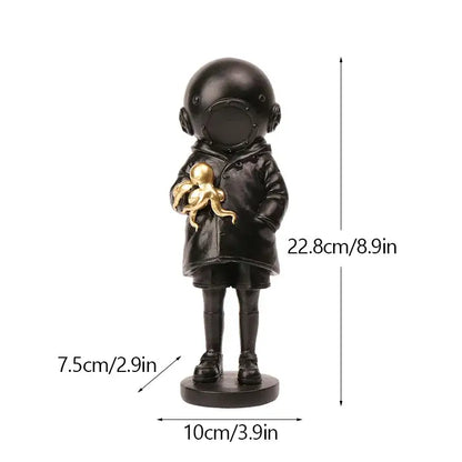 Black resin astronaut figurine holding a golden octopus from banksy sculpture collection for living room decor
