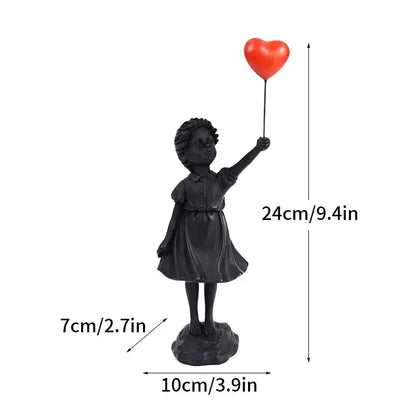 Black resin balloon girl figurine holding red heart balloon from banksy sculpture collection for living room decor