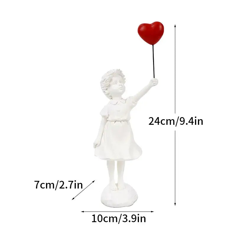White resin Banksy sculpture collection figurine of a child in a dress holding a red heart balloon for living room decor