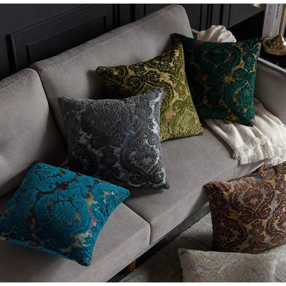 Elegant teal, emerald green, and gray damask cut velvet cushion covers by decorbites for stylish living room decor