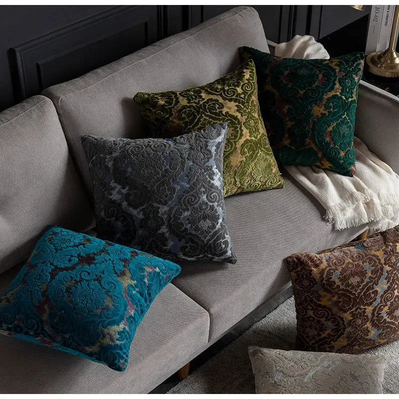 Elegant teal, emerald green, and gray damask cut velvet cushion covers by decorbites for stylish living room decor