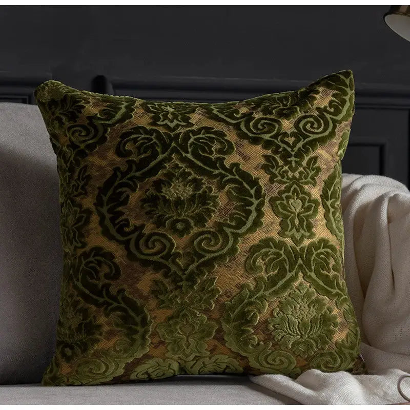 Olive green velvet throw pillow with gold dark green damask pattern for decorbites damask cut velvet cushion covers
