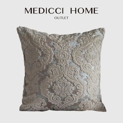 A square beige and silver damask cut velvet cushion cover from medici home outlet for living room decorbites decor