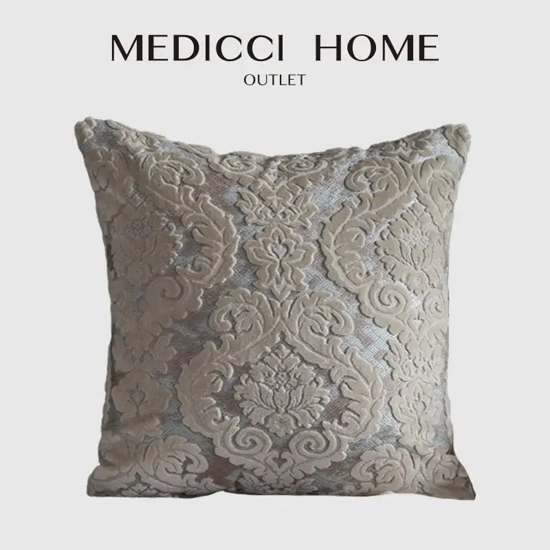 A square beige and silver damask cut velvet cushion cover from medici home outlet for living room decorbites decor